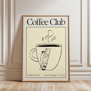 Illustrated Coffee Club Print, Minimalist Coffee Station Wall Art, Fun Retro Cafe Poster for Kitchen or Dining Room Decor