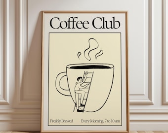 Coffee Club kunst aan de muur, minimalistische espressoprint, retro poster voor keuken of eetkamer