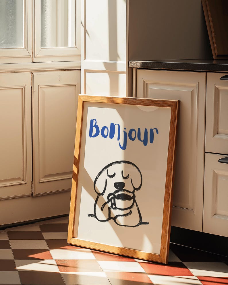 Bonjour coffee poster featuring a hand-drawn dog sipping coffee, perfect for kitchens or cafes.
