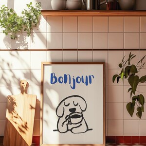 Cute coffee poster displayed in retro kitchen, ideal for quirky vintage home decor.