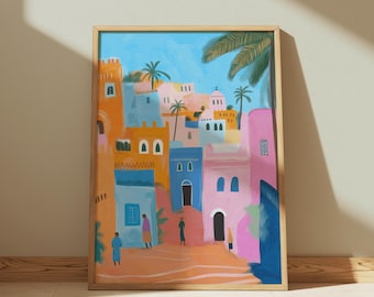 Art mural marocain, peinture abstraite de Marrakech, affiche de voyage colorée pour décoration bohème, salon
