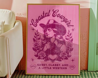 Coastal Cowgirl Wall Art, Western Country Print, Trendy Pink Poster for Bedroom, Dorm
