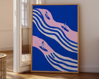 Surfboard Wall Art Print, Retro Surf Poster, Blue Pink Wave Illustration | Digital Download