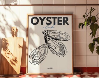 Oyster Club Wall Art, Coastal Print for Kitchen, Dining Room, Beachy Housewarming Gift