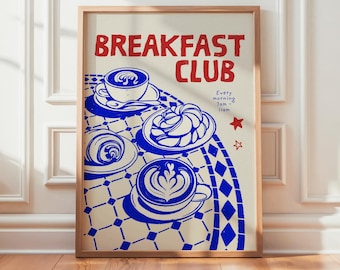Ontbijtclub muurdecoratie, retro koffieprint, trendy croissantposter voor keukeninrichting