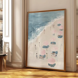 Arte mural playero en tonos pastel, estampado marino en azul y rosa, póster oceánico para decoración de verano, dormitorio, casa de playa