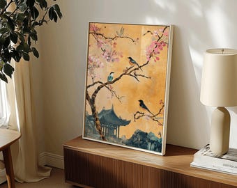 Orange Chinoiserie Wall Art, Asian Print for Wabi Sabi Lovers or Housewarming Gift, Peaceful Poster with Birds and Flowers for Living Room