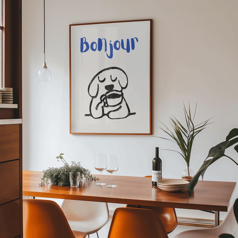 Coffee Club-print, minimalistische Franse koffiekunst aan de muur, schattige bonjour hondencaféposter voor keuken- of eetkamerdecoratie afbeelding 6