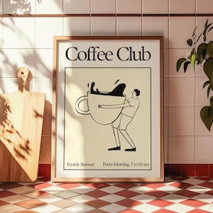 Coffee Club Print | Minimalist Coffee Wall Art | Fun Retro Cafe Poster for Kitchen, Dining Room Decor, Coffee Lovers Gift