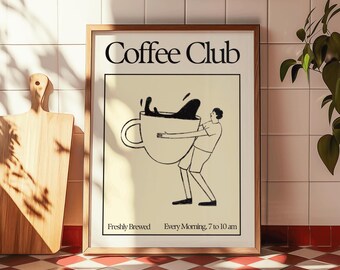 Koffieclubposter | Minimalistische koffiemuurdecoratie | Leuke retro caféposter voor keuken, eetkamer of als cadeau voor koffieliefhebbers