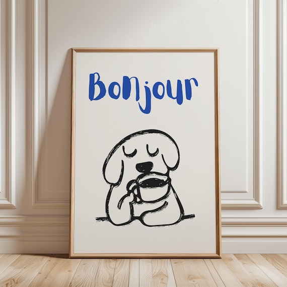 Dog Coffee Club Print | Cute French Coffee Wall Art | Cute Bonjour Dog Cafe Poster for Kitchen or Dining Room Decor