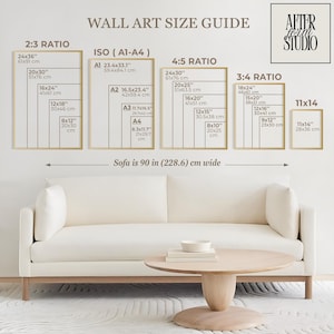 May include: A wall art size guide chart displaying various frame dimensions in inches and centimeters, categorized by ratios 2:3, ISO A1-A4, 4:5, 3:4, and 11x14. The text includes the After Form Studio logo and a reference to a 90 inch wide sofa.
