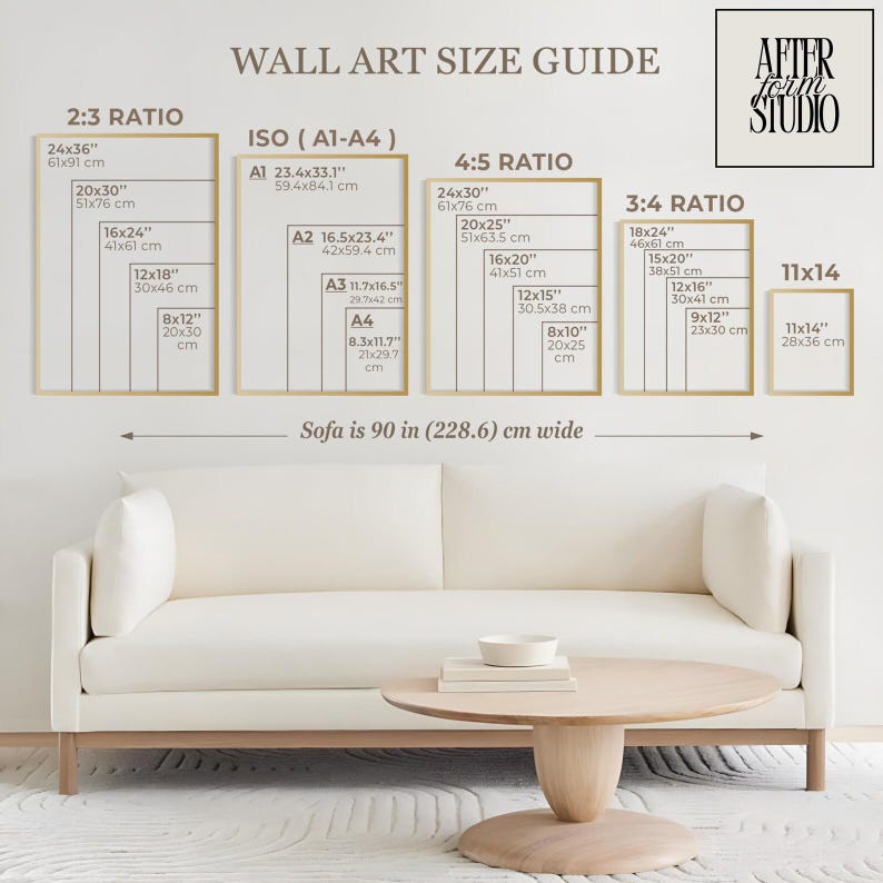 May include: A wall art size guide chart displaying various frame dimensions in inches and centimeters, categorized by ratios 2:3, ISO A1-A4, 4:5, 3:4, and 11x14. The text includes the After Form Studio logo and a reference to a 90 inch wide sofa.