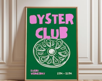 Oyster Club Wall Art, Trendy Retro Print for Kitchen, Seafood Poster for Dining Room Decor