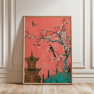 Chinoiserie Wall Art, Cherry Blossom Floral Bird Print, Poster for Asian-Inspired Decor