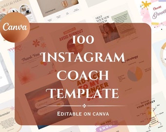 Puede incluir: Un collage de 100 plantillas de coach de Instagram, que presenta una variedad de diseños con superposiciones de texto, incluyendo "Evita el agotamiento", "Conoce a tu nuevo coach", "Elige el crecimiento", "Descarga tu energía", "Un paso a la vez", y "¿Sabías?" Las plantillas son editables en Canva.