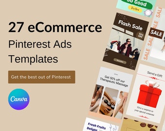 Może przedstawiać: Zbiór 27 szablonów reklam Pinterest dla firm e-commerce. Szablony prezentują różne projekty, w tym reklamę błyskawicznej wyprzedaży z kobietą trzymającą torby na zakupy, reklamę masażu terapeutycznego z rękami wykonującymi masaż oraz reklamę prezentu z czerwonym pudełkiem na prezent.