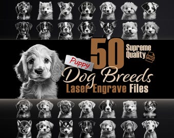 50 Puppy Breeds Laser Engraving PNG Bundle (300 DPI)