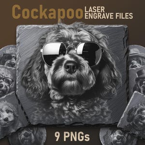 Pode incluir: Nove imagens em preto e branco de um cão Cockapoo usando óculos de sol e vários chapéus. As imagens estão em um fundo de ardósia e o texto "LASER ENGRAVE FILES" e "9 PNGS" são visíveis.