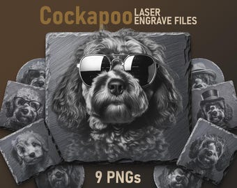 Archivos PNG de grabado láser de Cockapoo: Diseños de posavasos de pizarra (descarga digital)