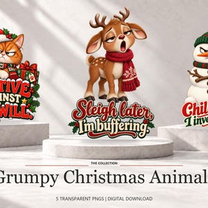 Grumpy Christmas Animals: 5 Transparent PNG Designs