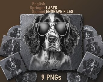 Op de afbeelding: Een zwart-witte illustratie van een Engelse Springer Spaniel met een zonnebril. De afbeelding is op een leisteen achtergrond met de tekst "English Springer Spaniel LASER ENGRAVE FILES" en "9 PNGS".