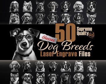 50 razas de perros con gafas: paquete PNG grabado con láser (300 DPI)