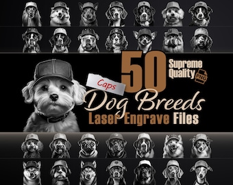 50 Dog Breeds Wearing Caps: Laser Engraving PNG Bundle