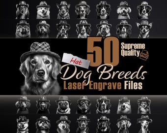 50 Dog Breeds Wearing Hats: Laser Engraving PNG Bundle