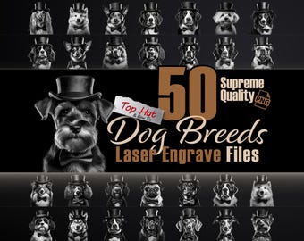 50 Dog Breeds with Top Hat & Bowtie: Laser Engraving PNG Bundle