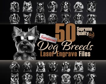 Paquete de 50 razas de perros con gafas de sol para grabado e impresión láser / PNG transparente
