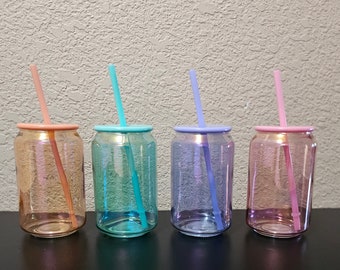 Custom 15oz Iridescent Glass Can with Plastic Lid and Straw | 15oz Libbey Cup | Glass Tumbler | Iced Coffee Cup