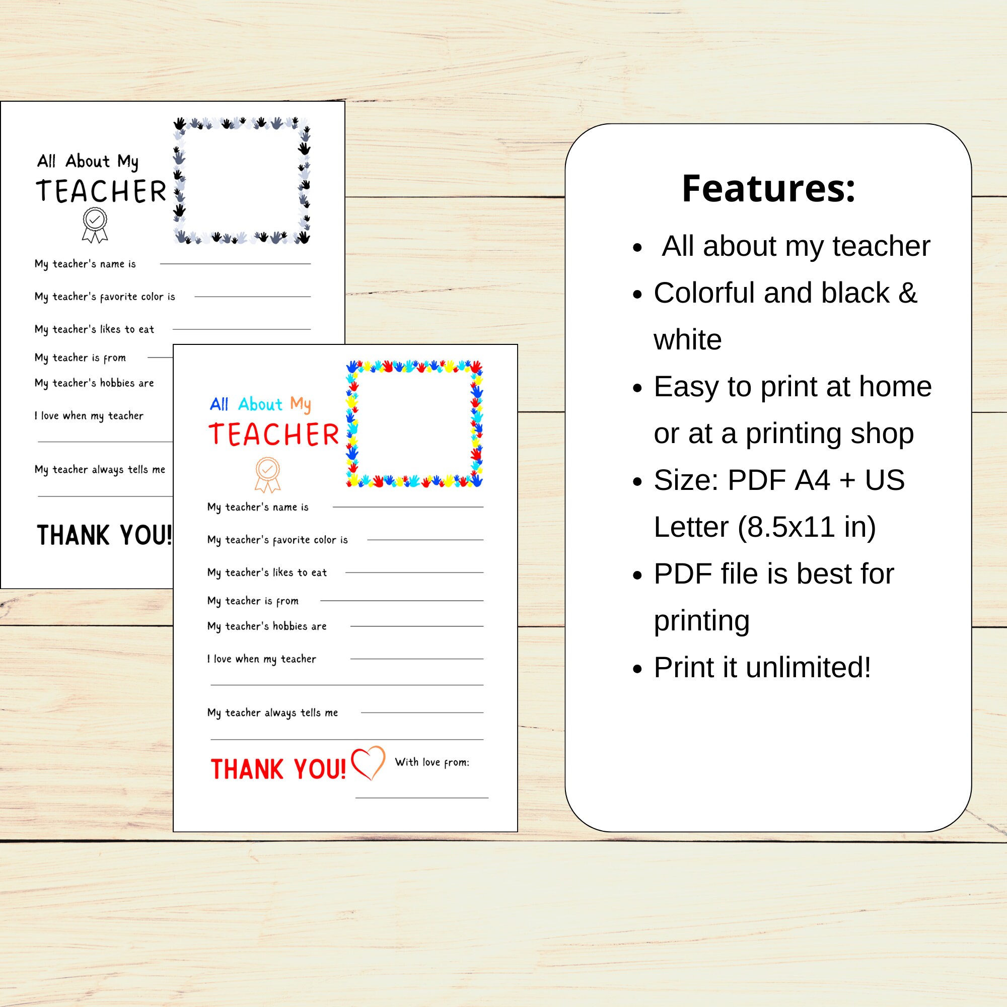 Teacher Appreciation Gift Printable All About My Teacher Colored B&W ...