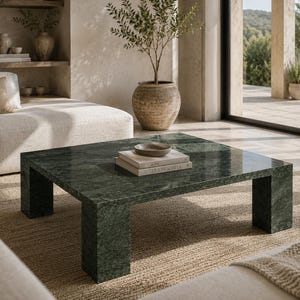 Green Marble Coffee Table | Square Natural Stone Center Table | 100x100cm Handmade Luxury Furniture