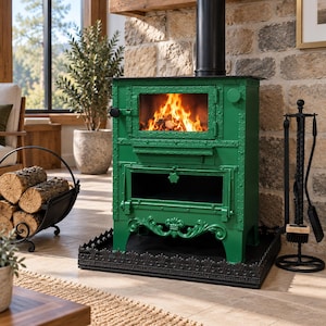 May include: A bright green cast iron wood-burning stove featuring a rectangular glass door with visible flames, a lower storage compartment, and ornate decorative legs. The stove sits on a black metal base with a detailed scalloped edge design.