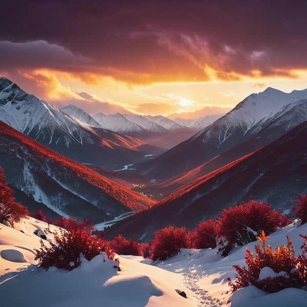 Peaceful Snowy Mountains during Sunset - AI Digital Art Download - Printable