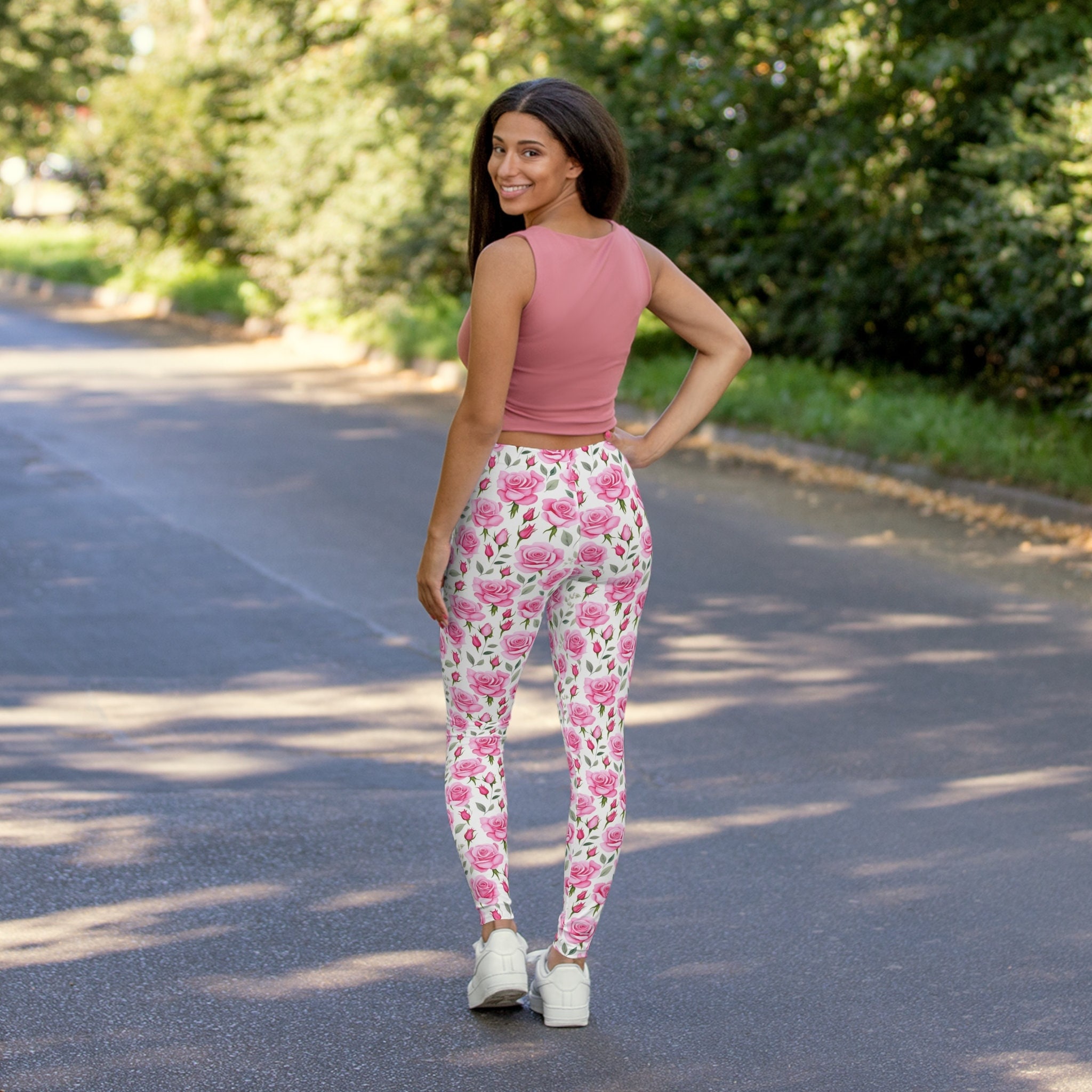 Women's Pink Floral Leggings , Spandex, Casual, Comfortable