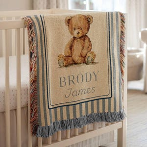 Personalized Woven Teddy Bear Baby Blanket Personalized Bear Blanket Custom Bear Blanket Bear Nursery Blanket Newborn Custom Name Blanket