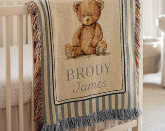 Personalized Woven Teddy Bear Baby Blanket Personalized Bear Blanket Custom Bear Blanket Bear Nursery Blanket Newborn Custom Name Blanket