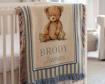 Manta de bebé tejida personalizada con osito de peluche Manta de oso personalizada Manta de oso personalizada Manta de guardería con osito Manta con nombre personalizado para recién nacidos