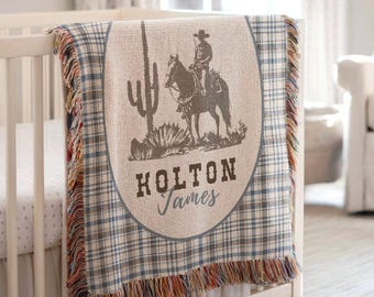 Personalized Cowboy Woven Baby Blanket, Western Cowboy Boys Blanket, Heirloom Blanket, Newborn Name Blanket, Baby Name Blanket, Woven Throw