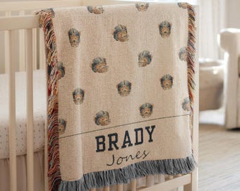 Personalized Vintage Sport Theme Bear Boy Blanket, Football Woven Throw Blanket, Sport Boy Teddy Bear Nursery,Heirloom Newborn Name Blanket