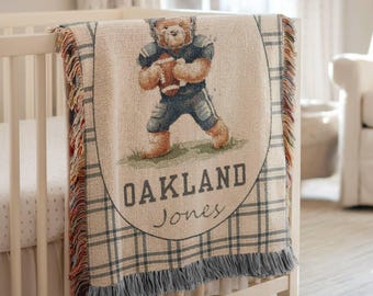 Personalized Vintage Sport Theme Bear Boy Blanket, Football Woven Baby Blanket, Sport Boy Teddy Bear Nursery,Heirloom Newborn Name Blanket