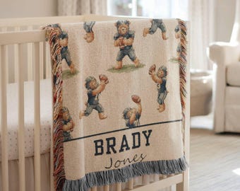 Personalized Vintage Sport Theme Bear Boy Blanket, Football Woven Baby Blanket, Sport Boy Teddy Bear Nursery,Heirloom Newborn Name Blanket