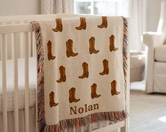 Personalized Cowboy Woven Baby Blanket, Western Cowboy Boys Blanket, Heirloom Blanket, Newborn Name Blanket, Baby Name Blanket, Woven Throw