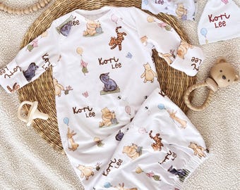 Winnie The Pooh Going Home Outfit, Baby Girl Homecoming Newborn Gown, Baby Boy Gowns, Newborn Hospital Hat, Hospital Personalized Outfit