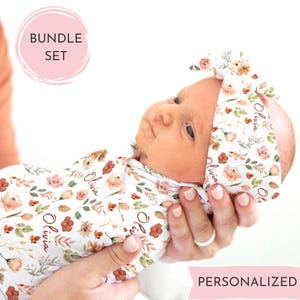 Baby girl wildflower blanket, Personalized baby name newborn swaddle, Floral receiving blanket, Flower name blanket, In bloom Headband Bow