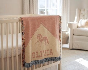 Personalized Cowgirl Woven Baby Blanket, Baby Girl Western Blanket, Heirloom Blanket, Newborn Name Blanket,Monogram Pink Horse Woven Throw