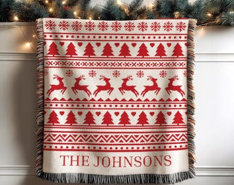 Personalized Family Christmas Blanket, Custom Last Name Woven Blanket, Est Year Family Name Throw, Christmas Gift for Family, Newlywed Gift