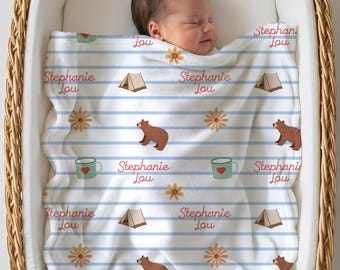 Personalized Hiking Baby Girl Name Blanket, Custom Camping Baby Blanket, Blanket with Baby Name, Wildflower Minky Blanket, Newborn Gift